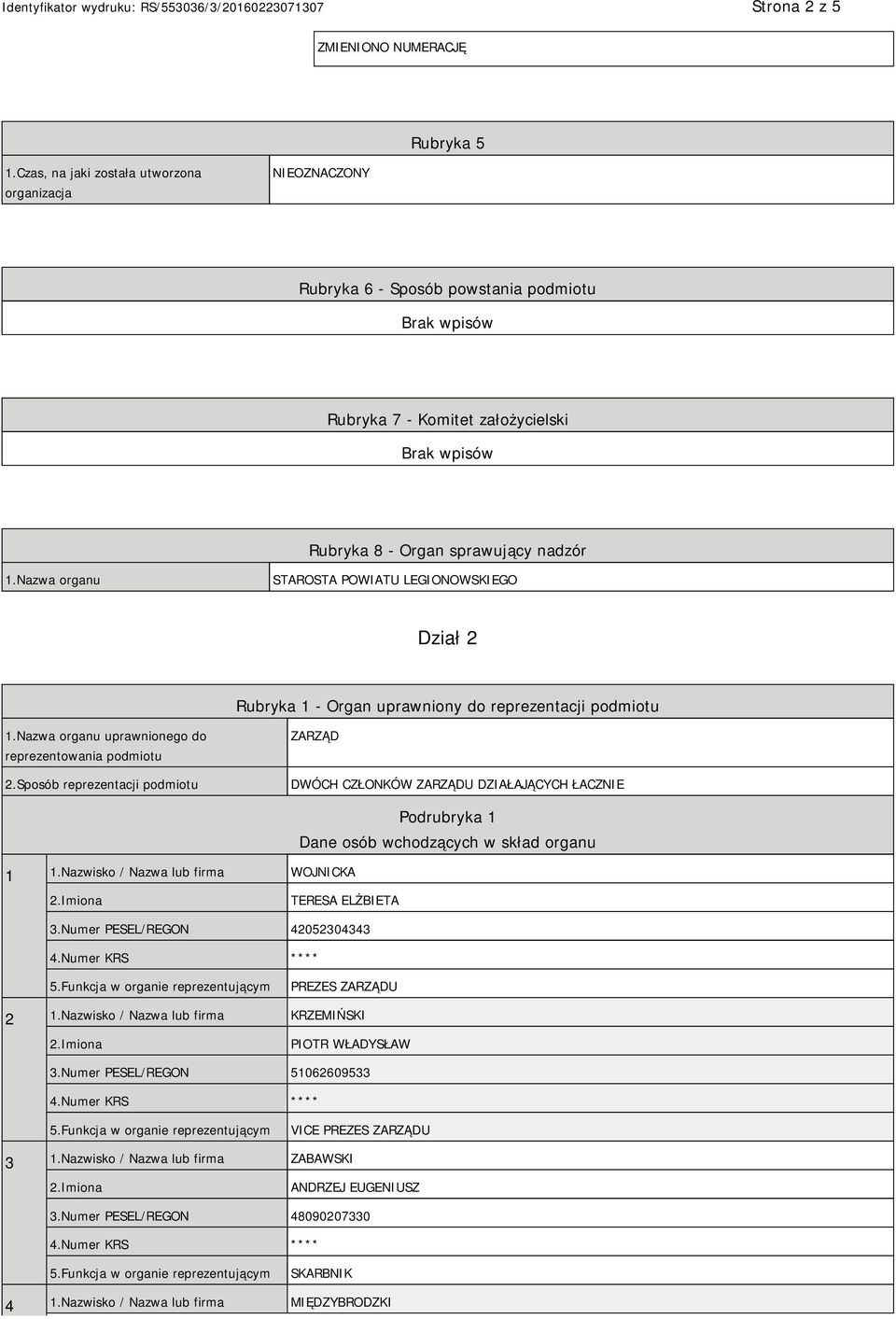 Nazwa organu STAROSTA POWIATU LEGIONOWSKIEGO Dział 2 Rubryka 1 - Organ uprawniony do reprezentacji podmiotu 1.Nazwa organu uprawnionego do reprezentowania podmiotu 2.