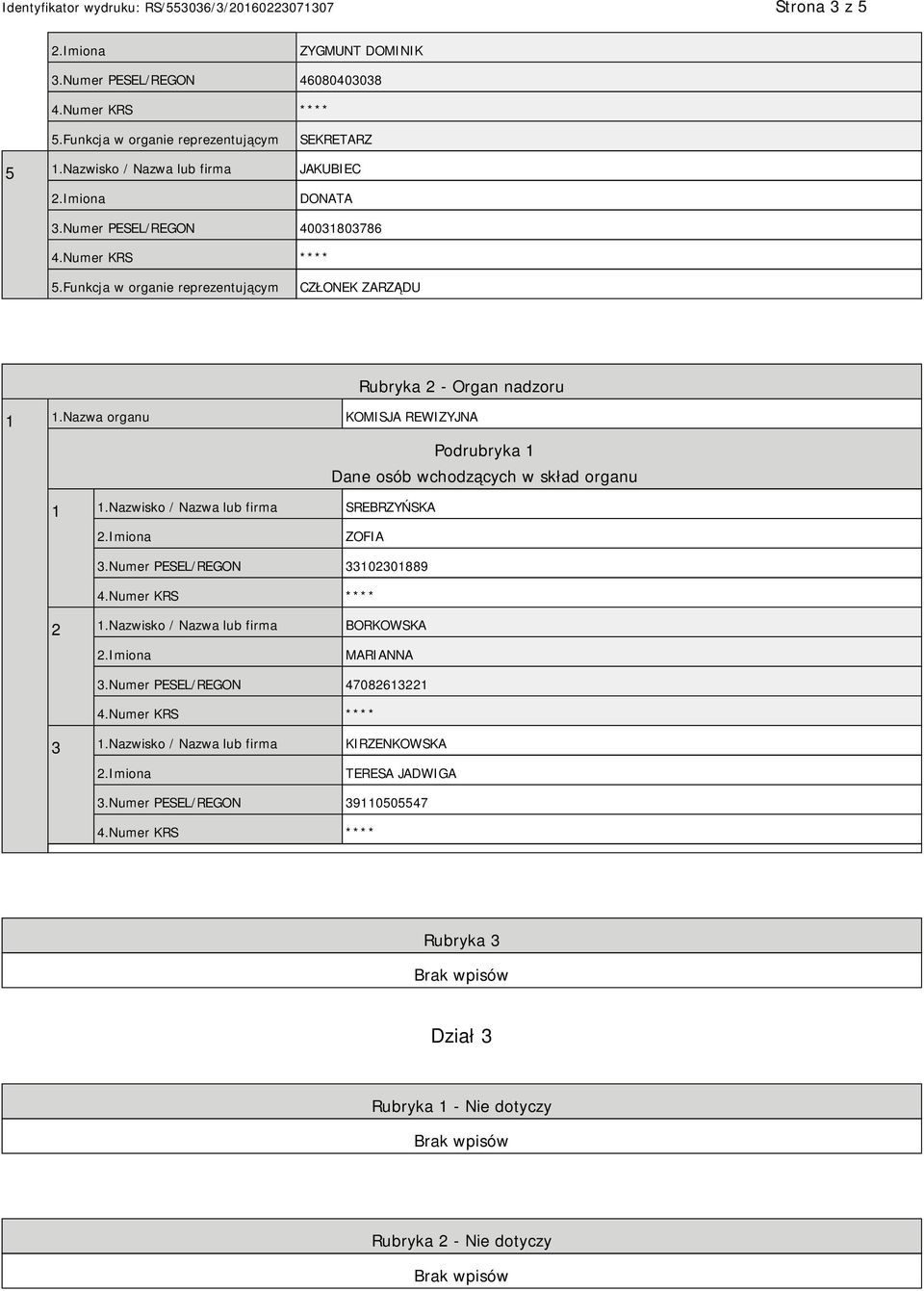 Nazwa organu KOMISJA REWIZYJNA Podrubryka 1 Dane osób wchodzących w skład organu 1 1.Nazwisko / Nazwa lub firma SREBRZYŃSKA ZOFIA 3.