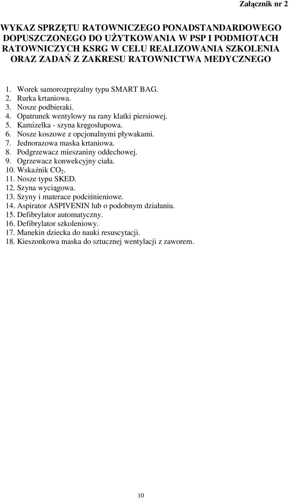 Nosze koszowe z opcjonalnymi pływakami. 7. Jednorazowa maska krtaniowa. 8. Podgrzewacz mieszaniny oddechowej. 9. Ogrzewacz konwekcyjny ciała. 10. Wskaźnik CO 2. 11. Nosze typu SKED. 12.