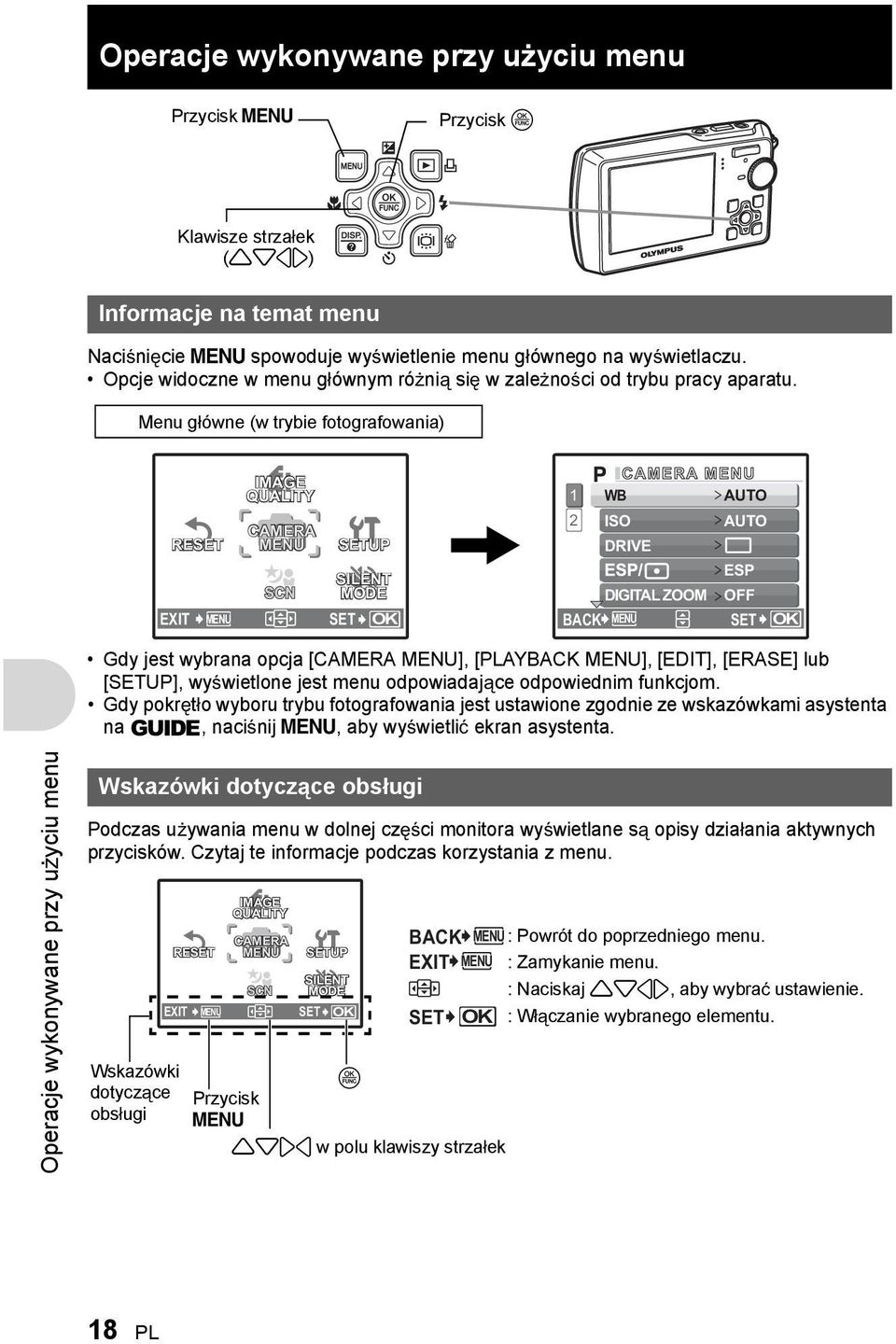 Menu g ówne (w trybie fotografowania) RESET IMAGE QUALITY CAMERA MENU SETUP SILENT ESP MODE DIGITAL ZOOM OFF EXIT MENU SET OK BACK MENU SET OK Gdy jest wybrana opcja [CAMERA MENU], [PLAYBACK MENU],