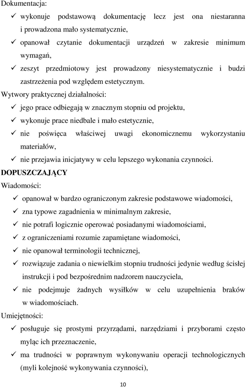 Wytwory praktycznej działalności: jego prace odbiegają w znacznym stopniu od projektu, wykonuje prace niedbale i mało estetycznie, nie poświęca właściwej uwagi ekonomicznemu wykorzystaniu materiałów,