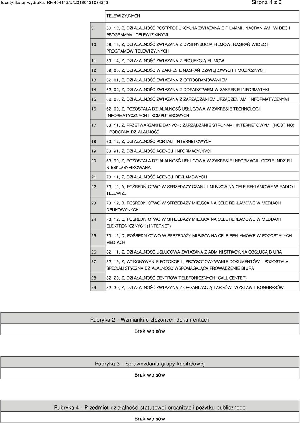 OPROGRAMOWANIEM 14 62, 02, Z, DZIAŁALNOŚĆ ZWIĄZANA Z DORADZTWEM W ZAKRESIE INFORMATYKI 15 62, 03, Z, DZIAŁALNOŚĆ ZWIĄZANA Z ZARZĄDZANIEM URZĄDZENIAMI INFORMATYCZNYMI 16 62, 09, Z, POZOSTAŁA