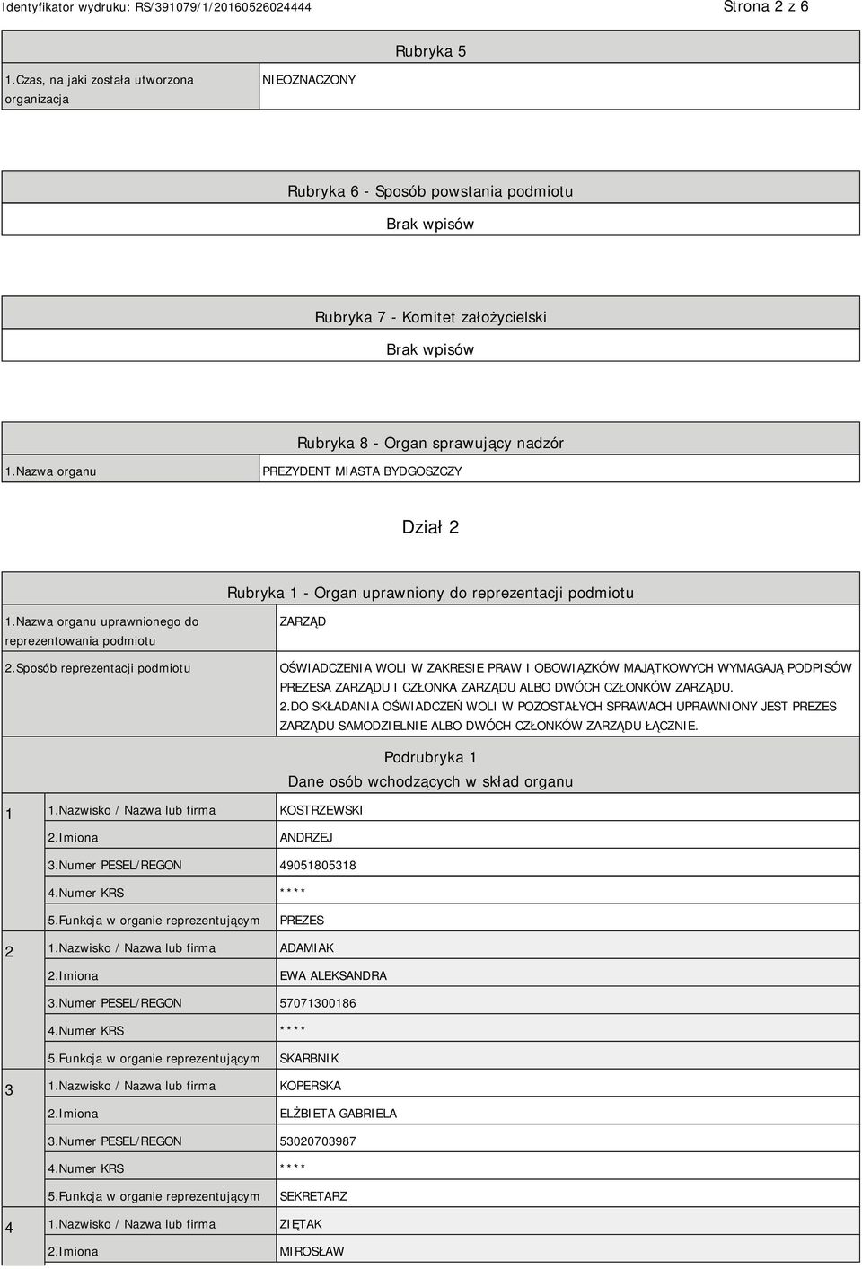 Sposób reprezentacji podmiotu ZARZĄD OŚWIADCZENIA WOLI W ZAKRESIE PRAW I OBOWIĄZKÓW MAJĄTKOWYCH WYMAGAJĄ PODPISÓW PREZESA ZARZĄDU I CZŁONKA ZARZĄDU ALBO DWÓCH CZŁONKÓW ZARZĄDU. 2.