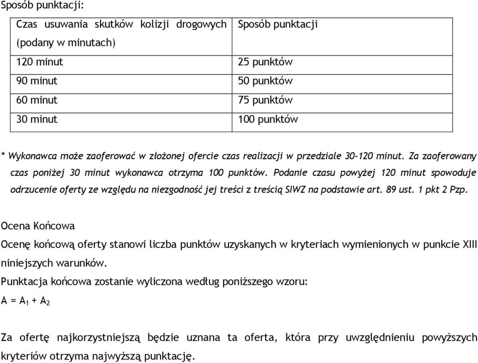 Podanie czasu powyżej 120 minut spowoduje odrzucenie oferty ze względu na niezgodność jej treści z treścią SIWZ na podstawie art. 89 ust. 1 pkt 2 Pzp.