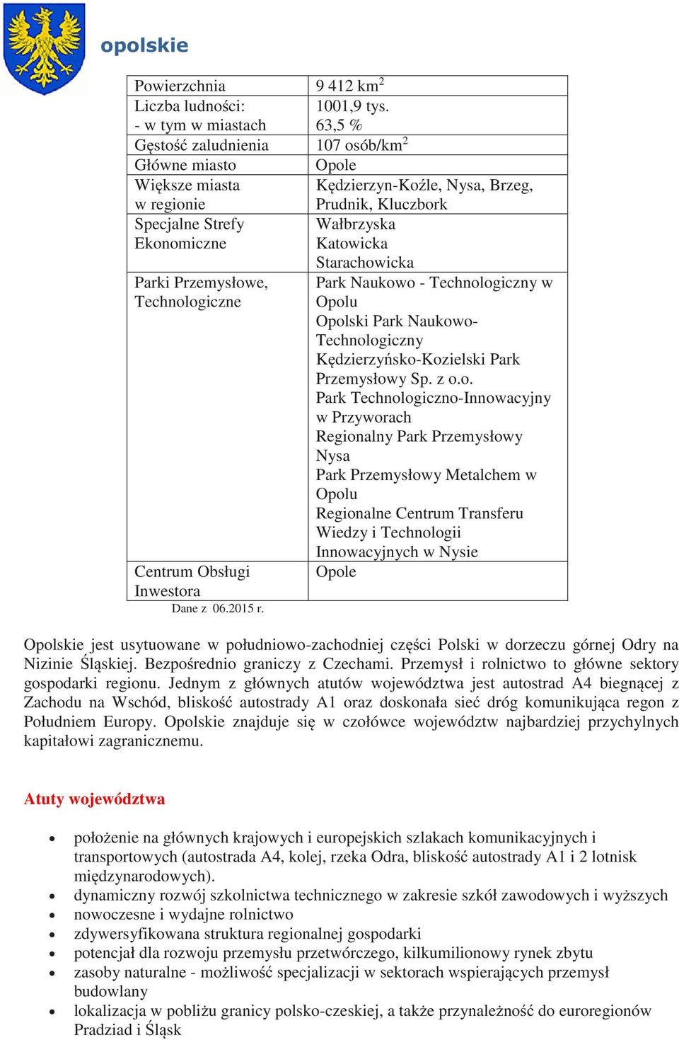 Przemysłowe, Technologiczne Centrum Obsługi Inwestora Dane z 06.2015 r.