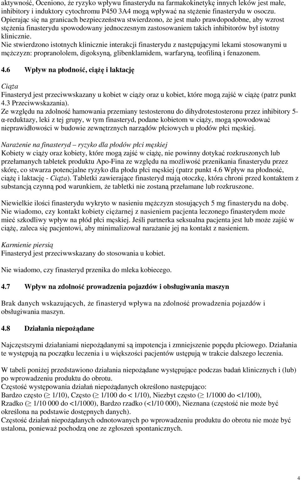 Nie stwierdzono istotnych klinicznie interakcji finasterydu z następującymi lekami stosowanymi u mężczyzn: propranololem, digoksyną, glibenklamidem, warfaryną, teofiliną i fenazonem. 4.