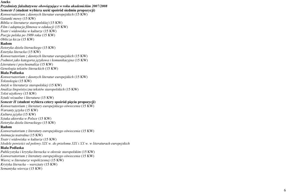 Retoryka dzieła literackiego (15 KW) Estetyka literacka (15 KW) Konwersatorium z dawnych literatur europejskich (15 KW) Podmiot jako kategoria językowa i komunikacyjna (15 KW) Literatura i