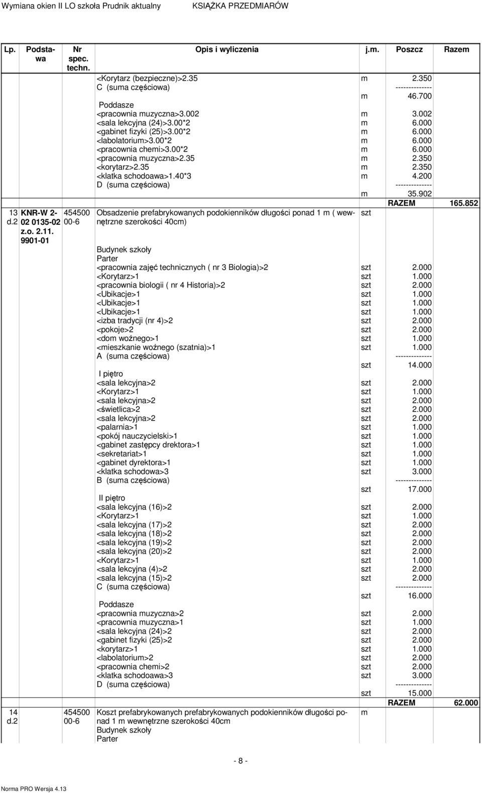 902 Obsadzenie prefabrykowanych podokienników długości ponad 1 m ( wewnętrzne szerokości 40cm) szt RAZEM 165.852 <pracownia zajęć technicznych ( nr 3 Biologia)>2 szt 2.