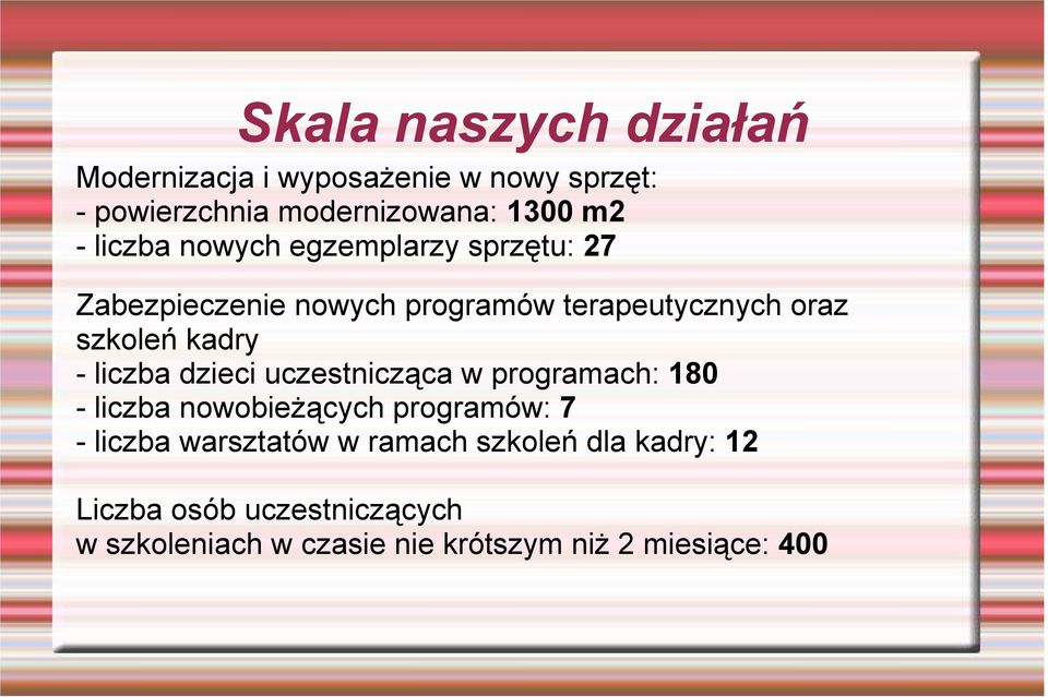 liczba dzieci uczestnicząca w programach: 180 - liczba nowobieżących programów: 7 - liczba warsztatów w