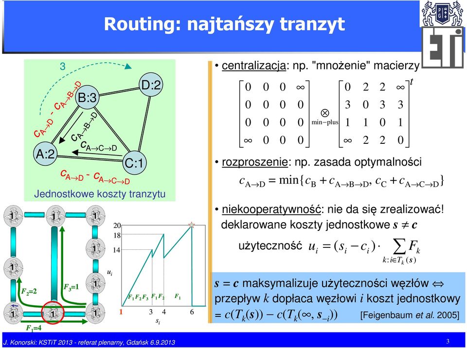 zaada opymalnośc c A D = mn{c B + c A B D, c C + c A C D } nekooperaywność: ne da ę zrealzować!