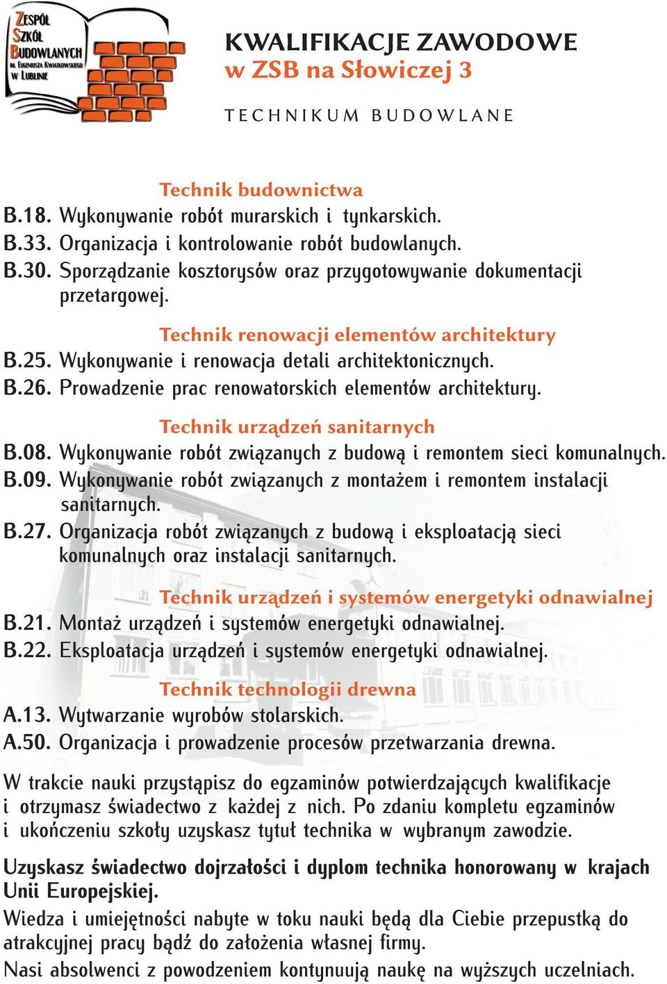 Prowadzenie prac renowatorskich elementów architektury. Technik urządzeń sanitarnych B.08. Wykonywanie robót związanych z budową i remontem sieci komunalnych. B.09.