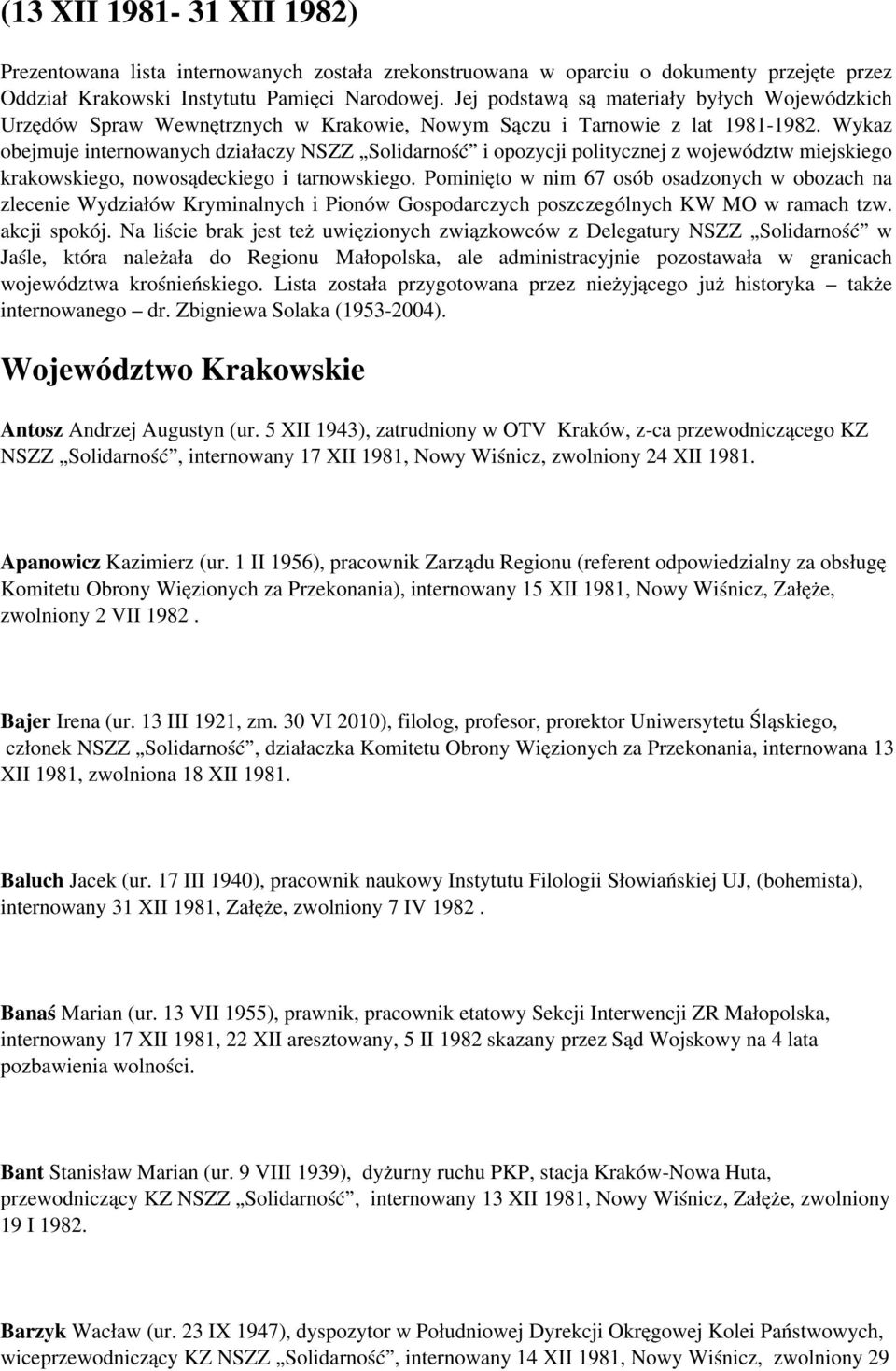 Wykaz obejmuje internowanych działaczy NSZZ Solidarność i opozycji politycznej z województw miejskiego krakowskiego, nowosądeckiego i tarnowskiego.