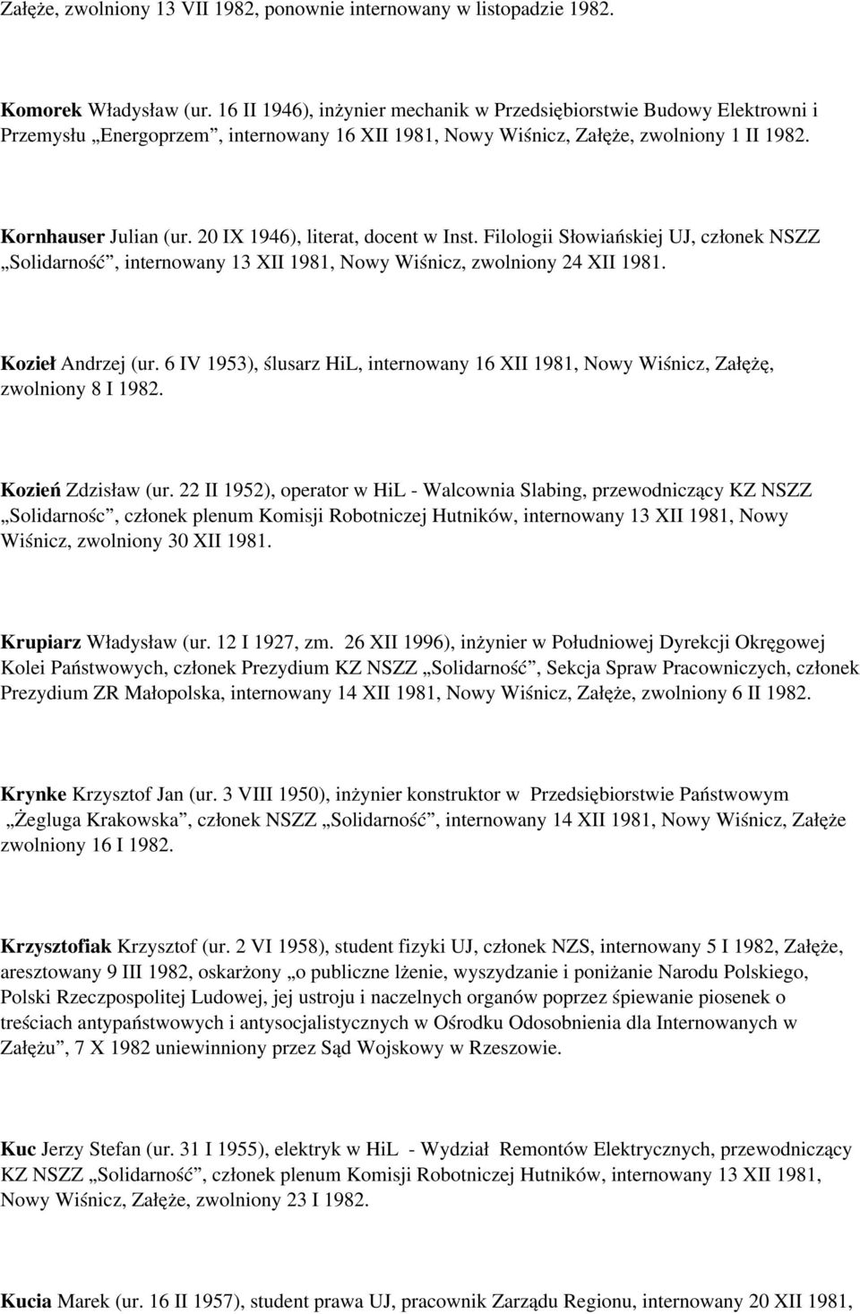 20 IX 1946), literat, docent w Inst. Filologii Słowiańskiej UJ, członek NSZZ Solidarność, internowany 13 XII 1981, Nowy Wiśnicz, zwolniony 24 XII 1981. KoziełAndrzej (ur.