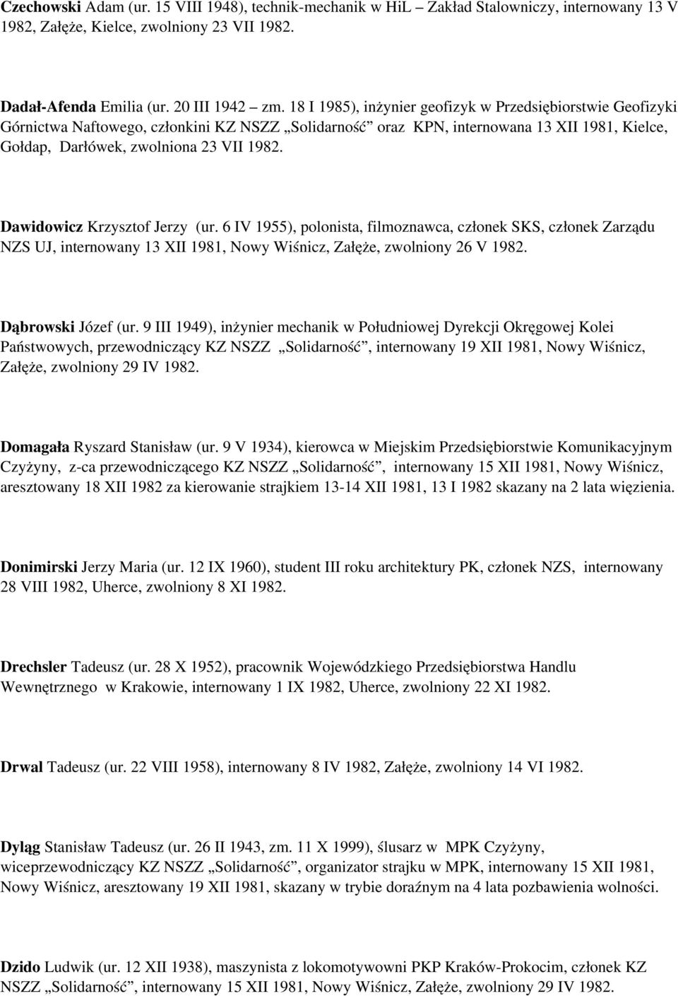 Dawidowicz Krzysztof Jerzy (ur. 6 IV 1955), polonista, filmoznawca, członek SKS, członek Zarządu NZS UJ, internowany 13 XII 1981, Nowy Wiśnicz, Załęże, zwolniony 26 V 1982. Dąbrowski Józef (ur.