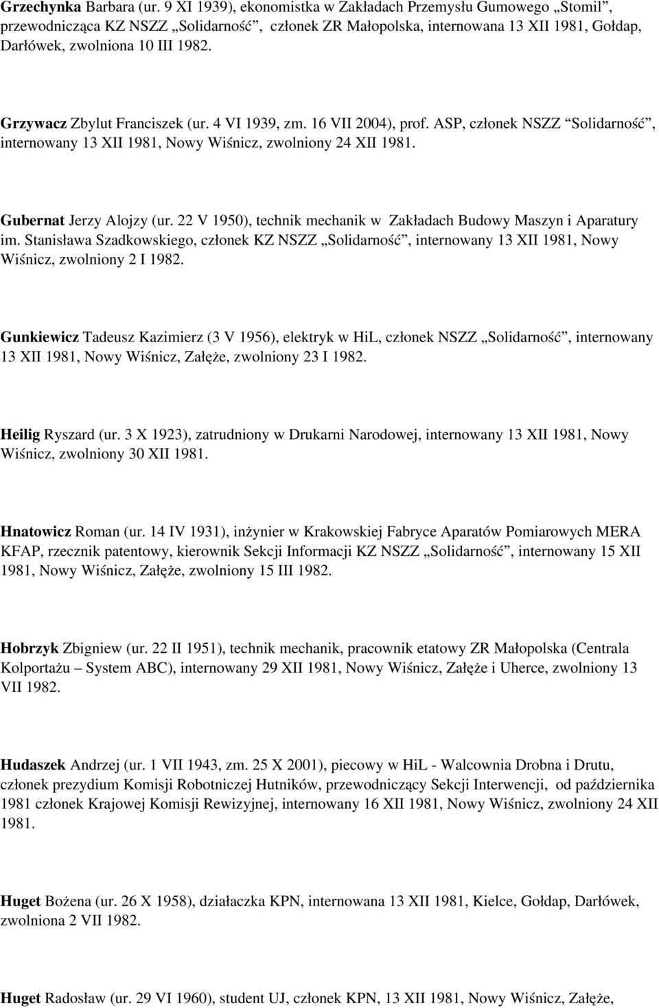 Grzywacz Zbylut Franciszek (ur. 4 VI 1939, zm. 16 VII 2004), prof. ASP, członek NSZZ Solidarność, internowany 13 XII 1981, Nowy Wiśnicz, zwolniony 24 XII 1981. Gubernat Jerzy Alojzy (ur.