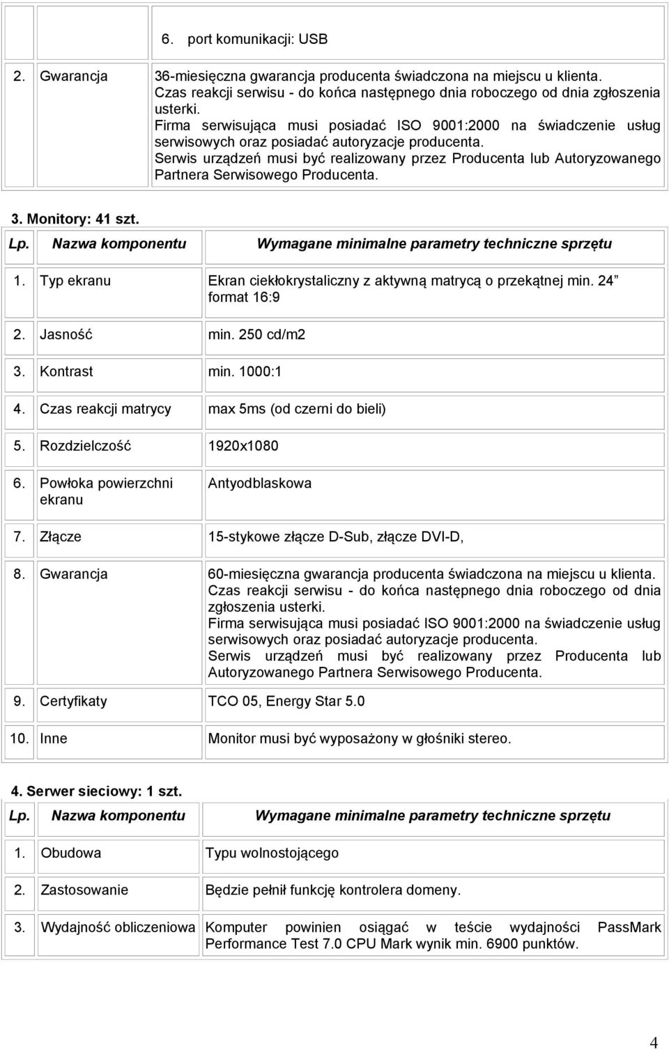 Serwis urządzeń musi być realizowany przez Producenta lub Autoryzowanego Partnera Serwisowego Producenta. 3. Monitory: 41 szt. Lp. Nazwa komponentu Wymagane minimalne parametry techniczne sprzętu 1.