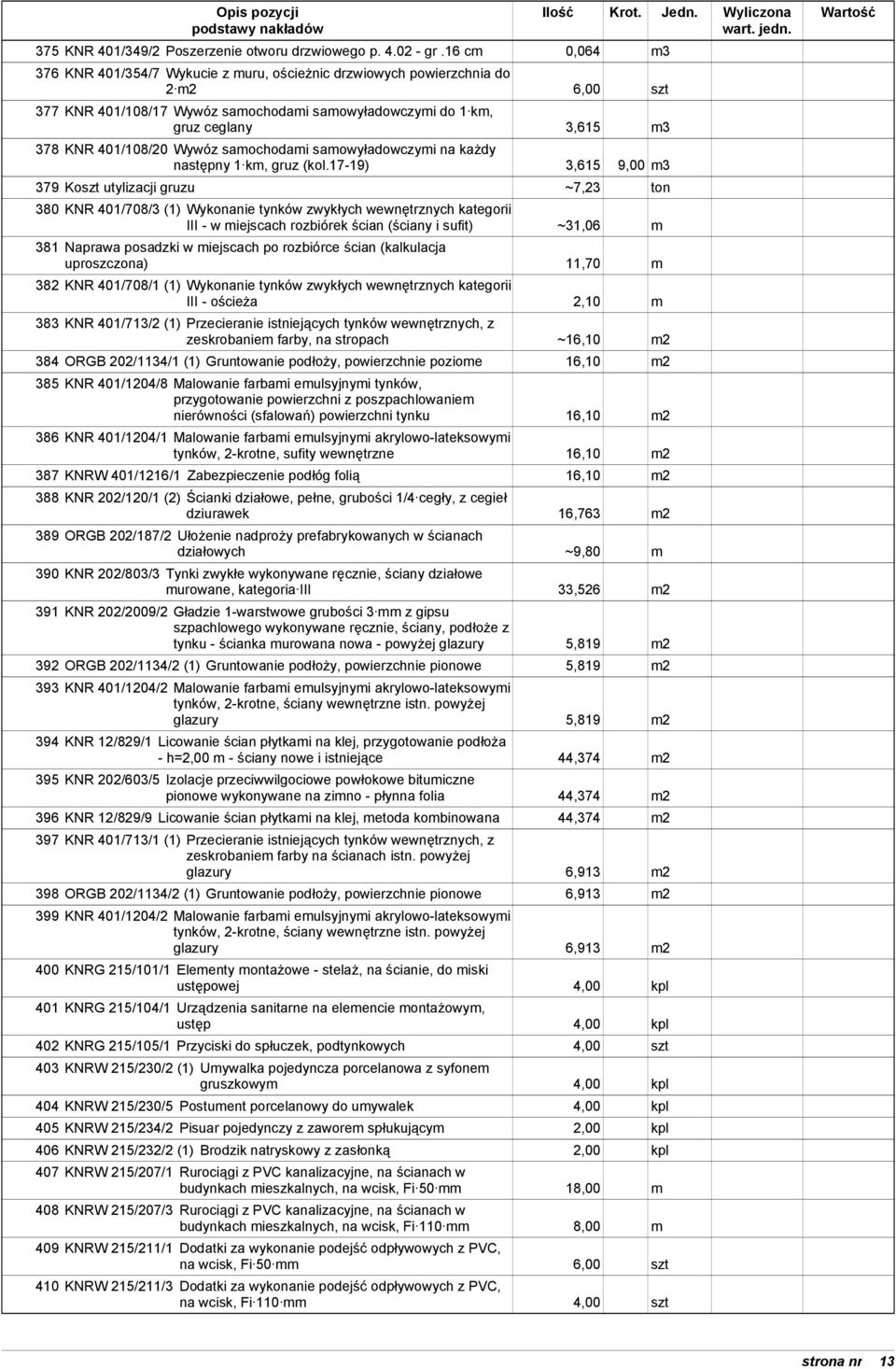 401/108/20 Wywóz samochodami samowyładowczymi na każdy następny 1 km, gruz (kol.