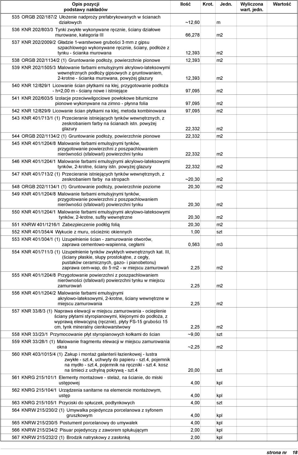 pionowe 12,393 m2 539 KNR 202/1505/3 Malowanie farbami emulsyjnymi akrylowo-lateksowymi wewnętrznych podłoży gipsowych z gruntowaniem, 2-krotne - ścianka murowana, powyżej glazury 12,393 m2 540 KNR