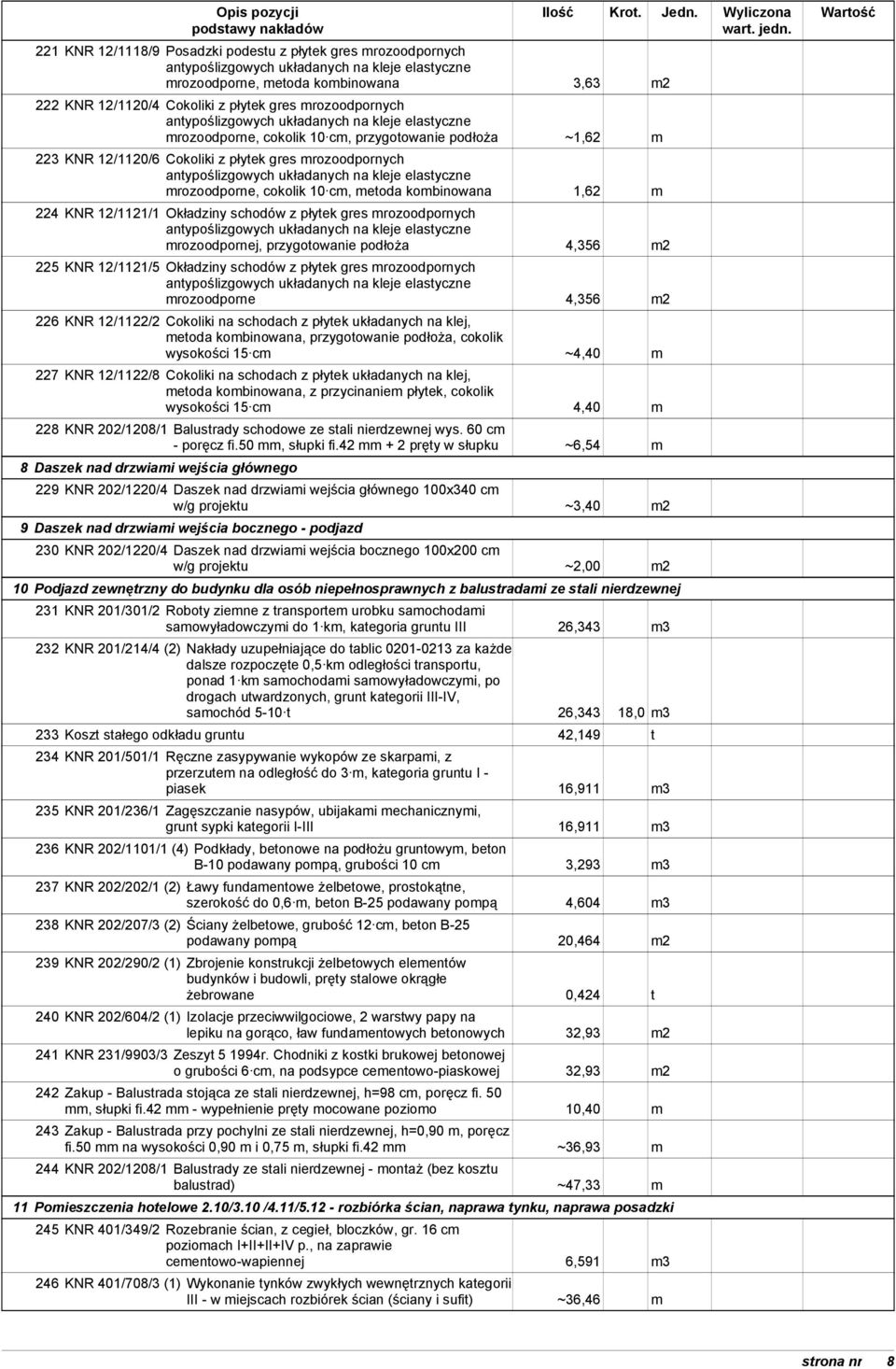 układanych na kleje elastyczne mrozoodporne, cokolik 10 cm, metoda kombinowana 1,62 m 224 KNR 12/1121/1 Okładziny schodów z płytek gres mrozoodpornych antypoślizgowych układanych na kleje elastyczne