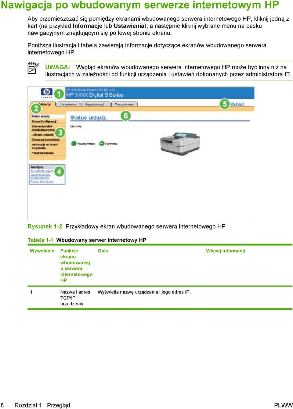 UWAGA: Wygląd ekranów wbudowanego serwera internetowego HP może być inny niż na ilustracjach w zależności od funkcji urządzenia i ustawień dokonanych przez administratora IT.