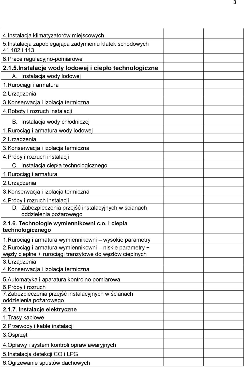 Konserwacja i izolacja termiczna 4.Próby i rozruch instalacji C. Instalacja ciepła technologicznego 1.Rurociąg i armatura 3.Konserwacja i izolacja termiczna 4.Próby i rozruch instalacji D.