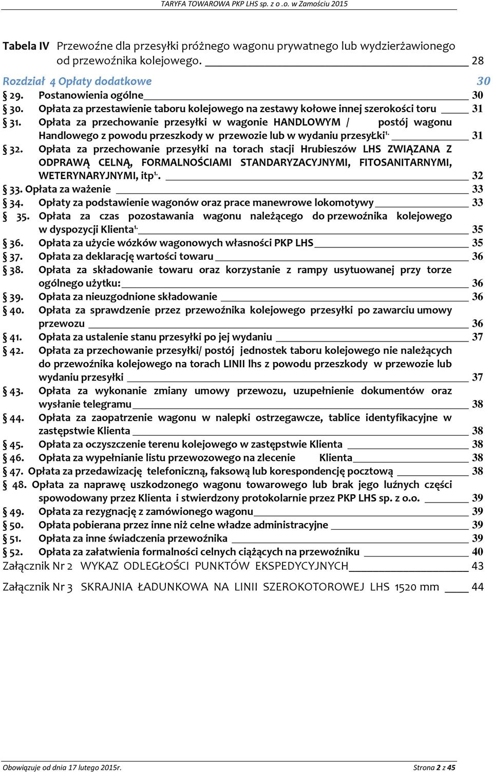 Opłata za przechowanie przesyłki w wagonie HANDLOWYM / postój wagonu Handlowego z powodu przeszkody w przewozie lub w wydaniu przesyłki 1. 31 32.