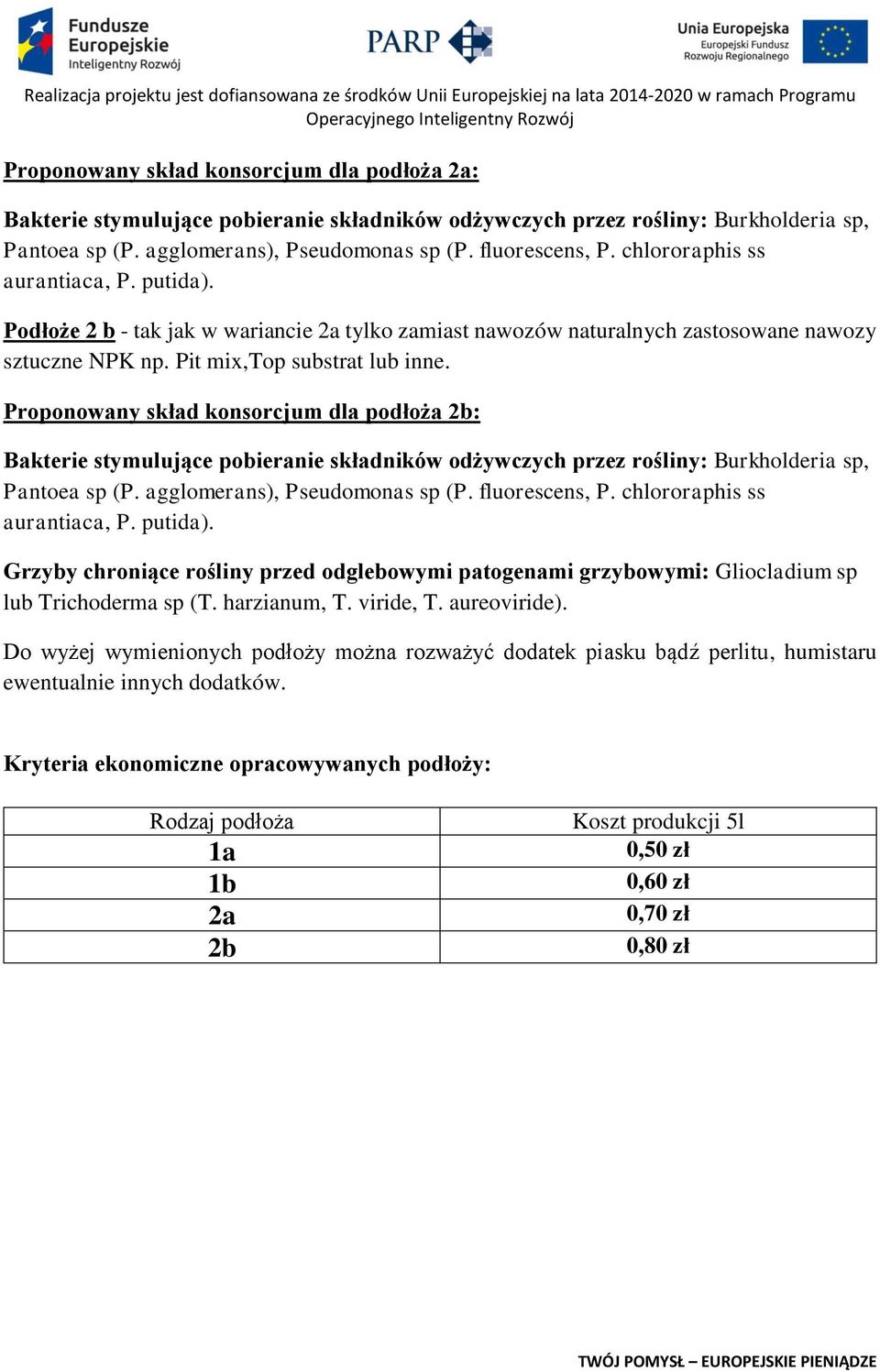 Proponowany skład konsorcjum dla podłoża 2b: Grzyby chroniące rośliny przed odglebowymi patogenami grzybowymi: Gliocladium sp lub Trichoderma sp (T.