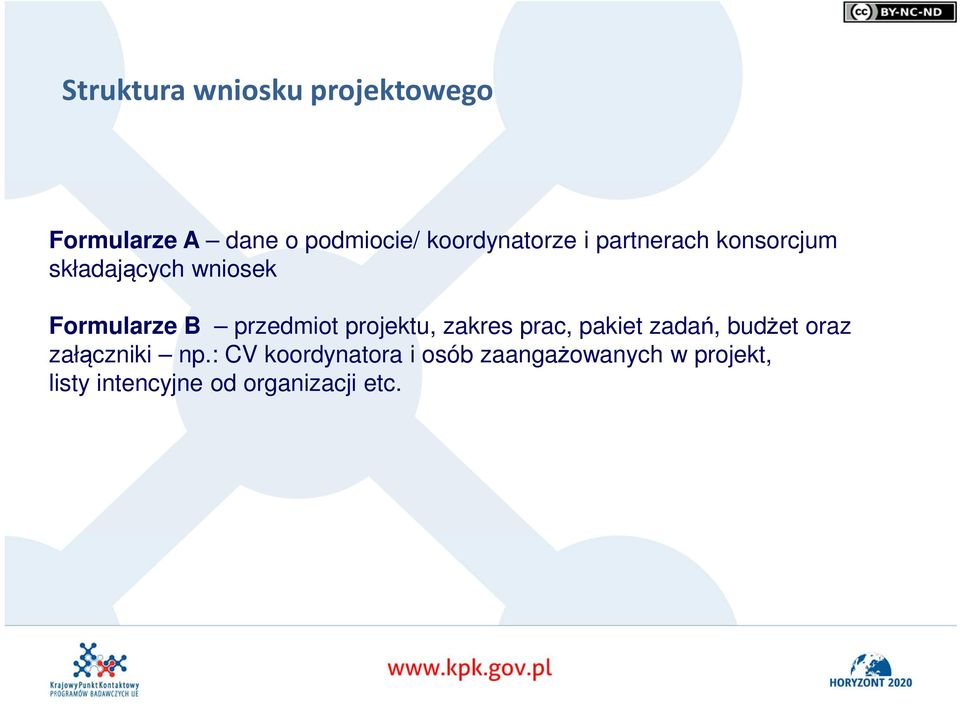 przedmiot projektu, zakres prac, pakiet zadań, budżet oraz załączniki np.