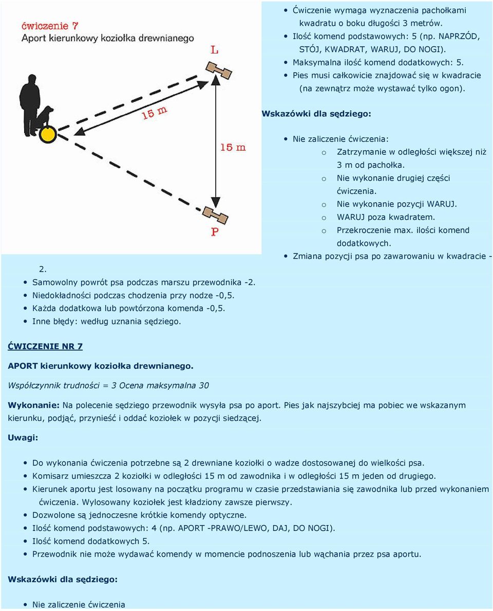 Każda dodatkowa lub powtórzona komenda -0,5. o Zatrzymanie w odległości większej niż 3 m od pachołka. o Nie wykonanie drugiej części ćwiczenia. o Nie wykonanie pozycji WARUJ. o WARUJ poza kwadratem.