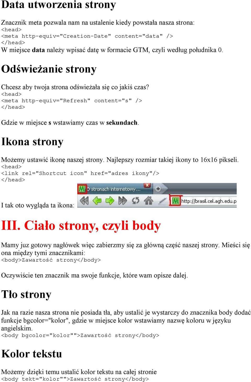 Ikona strony Możemy ustawić ikonę naszej strony. Najlepszy rozmiar takiej ikony to 16x16 pikseli. <link rel="shortcut icon" href="adres ikony"/> I tak oto wygląda ta ikona: III.