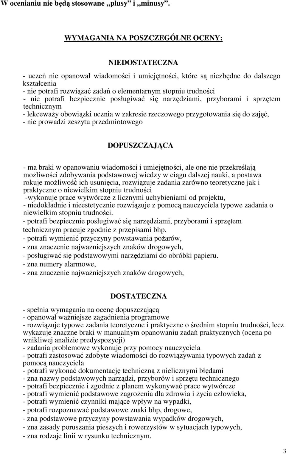 trudności - nie potrafi bezpiecznie posługiwać się narzędziami, przyborami i sprzętem technicznym - lekcewaŝy obowiązki ucznia w zakresie rzeczowego przygotowania się do zajęć, - nie prowadzi zeszytu