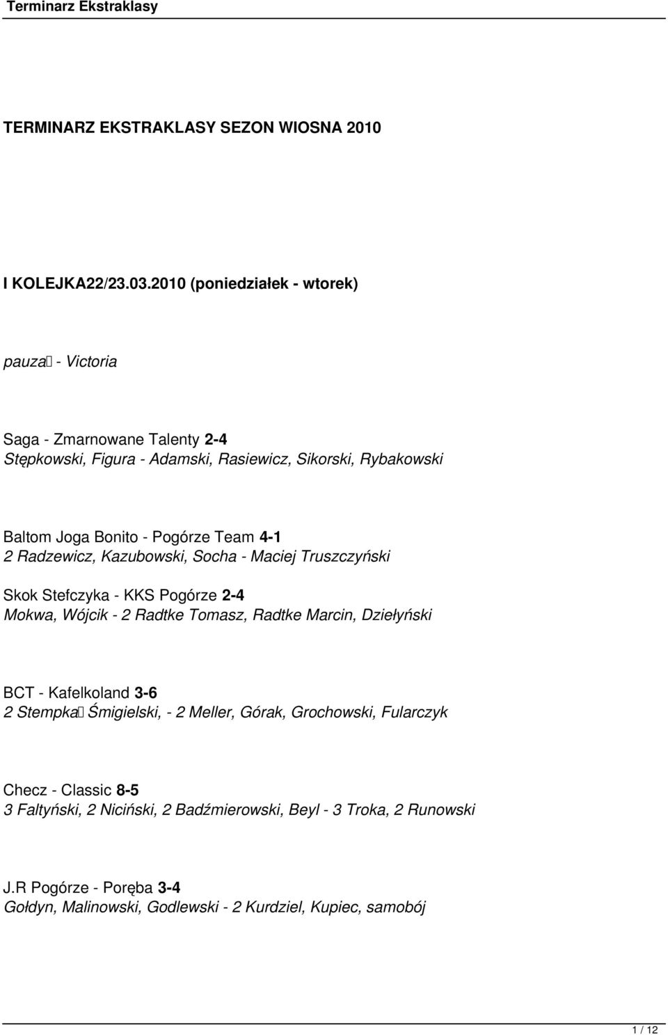 Pogórze Team 4-1 2 Radzewicz, Kazubowski, Socha - Maciej Truszczyński Skok Stefczyka - KKS Pogórze 2-4 Mokwa, Wójcik - 2 Radtke Tomasz, Radtke Marcin,