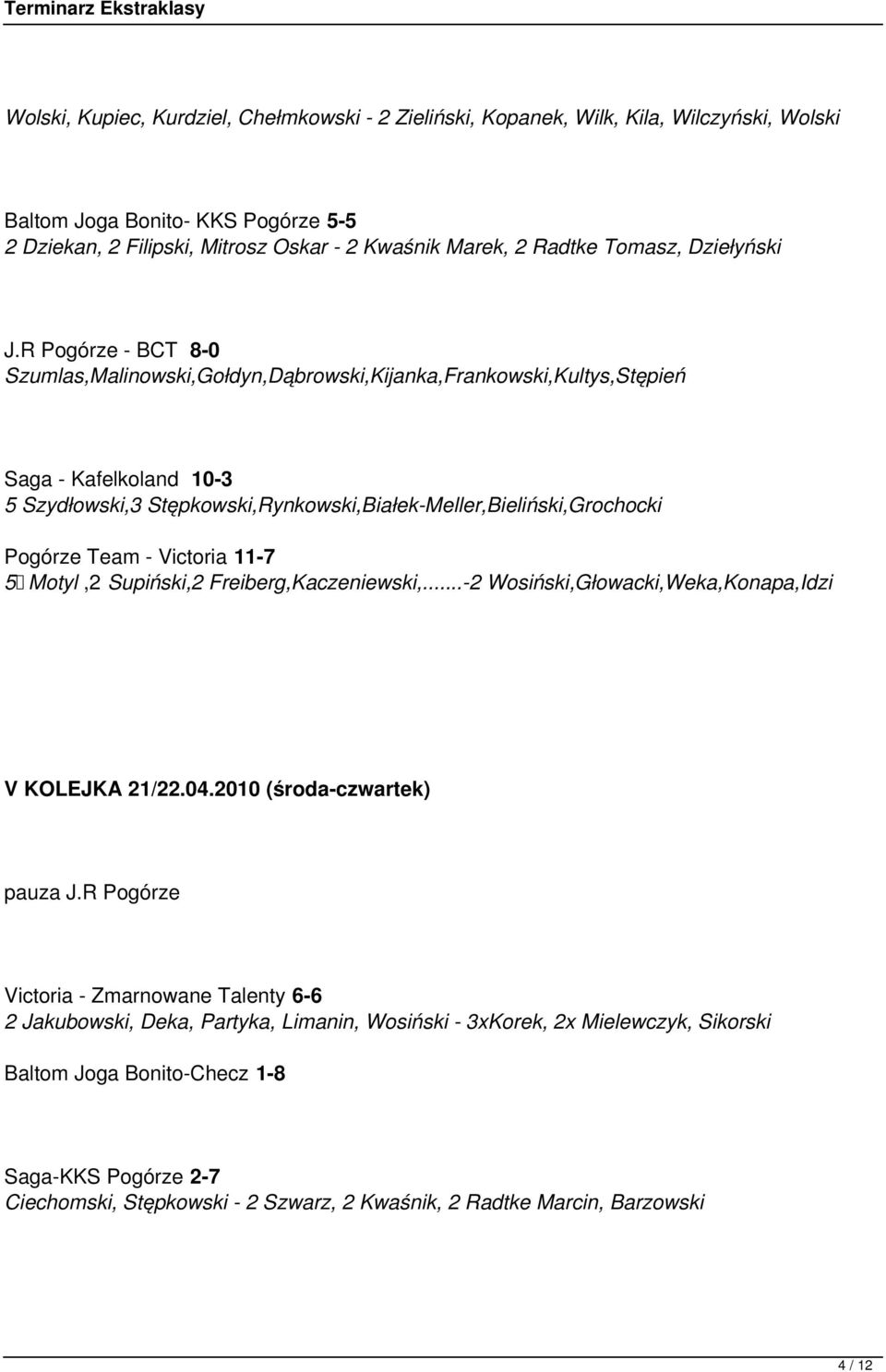 R Pogórze - BCT 8-0 Szumlas,Malinowski,Gołdyn,Dąbrowski,Kijanka,Frankowski,Kultys,Stępień Saga - Kafelkoland 10-3 5 Szydłowski,3 Stępkowski,Rynkowski,Białek-Meller,Bieliński,Grochocki Pogórze Team -