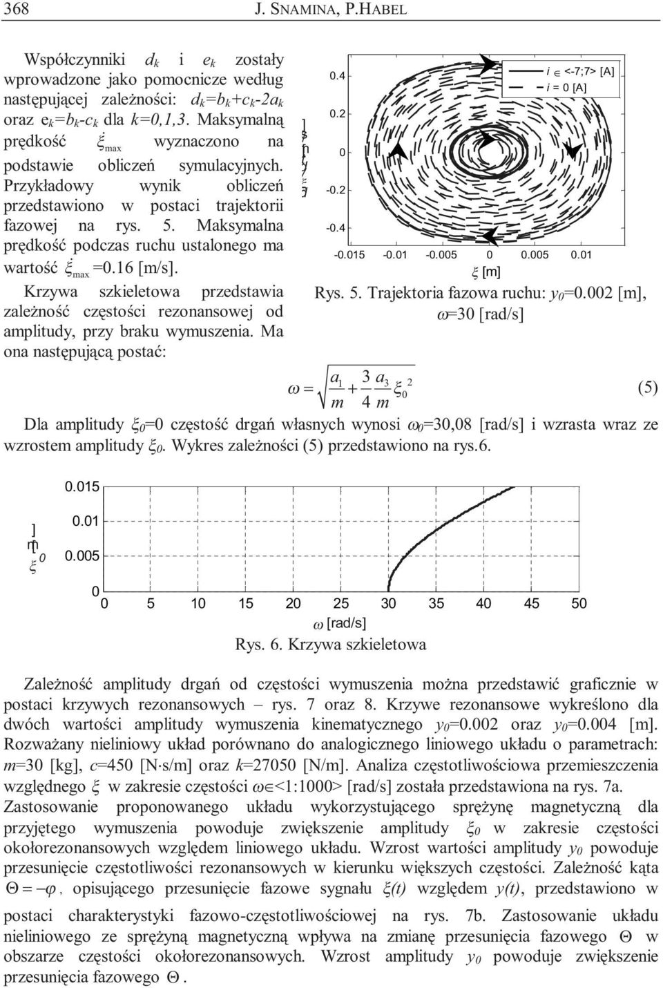 Maksymalna prędkość podczas ruchu ustalonego ma wartość ξ & max =.16 [m/s. Krzywa szkieletowa przedstawia zależność częstości rezonansowej od amplitudy, przy braku wymuszenia.