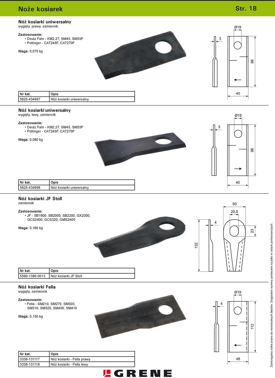 27, SM45, SM55F Pottinger - CAT245F, CAT270F Waga: 0,080 kg 5625-434998 Nóż kosiarki JF Stoll zamiennik JF - SB1600, SB2000, SB2200, GX2000,