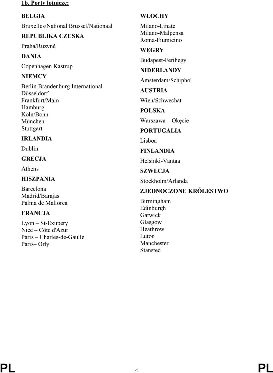 Paris Charles-de-Gaulle Paris Orly WŁOCHY Milano-Linate Milano-Malpensa Roma-Fiumicino WĘGRY Budapest-Ferihegy NIDERLANDY Amsterdam/Schiphol AUSTRIA Wien/Schwechat POLSKA