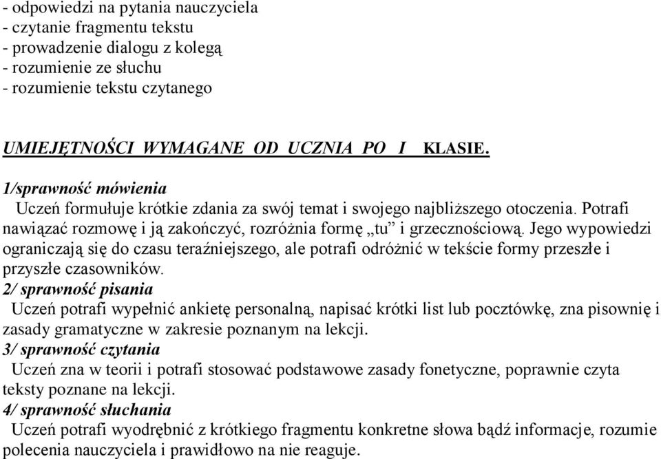 Jego wypowiedzi ograniczają się do czasu teraźniejszego, ale potrafi odróżnić w tekście formy przeszłe i przyszłe czasowników.