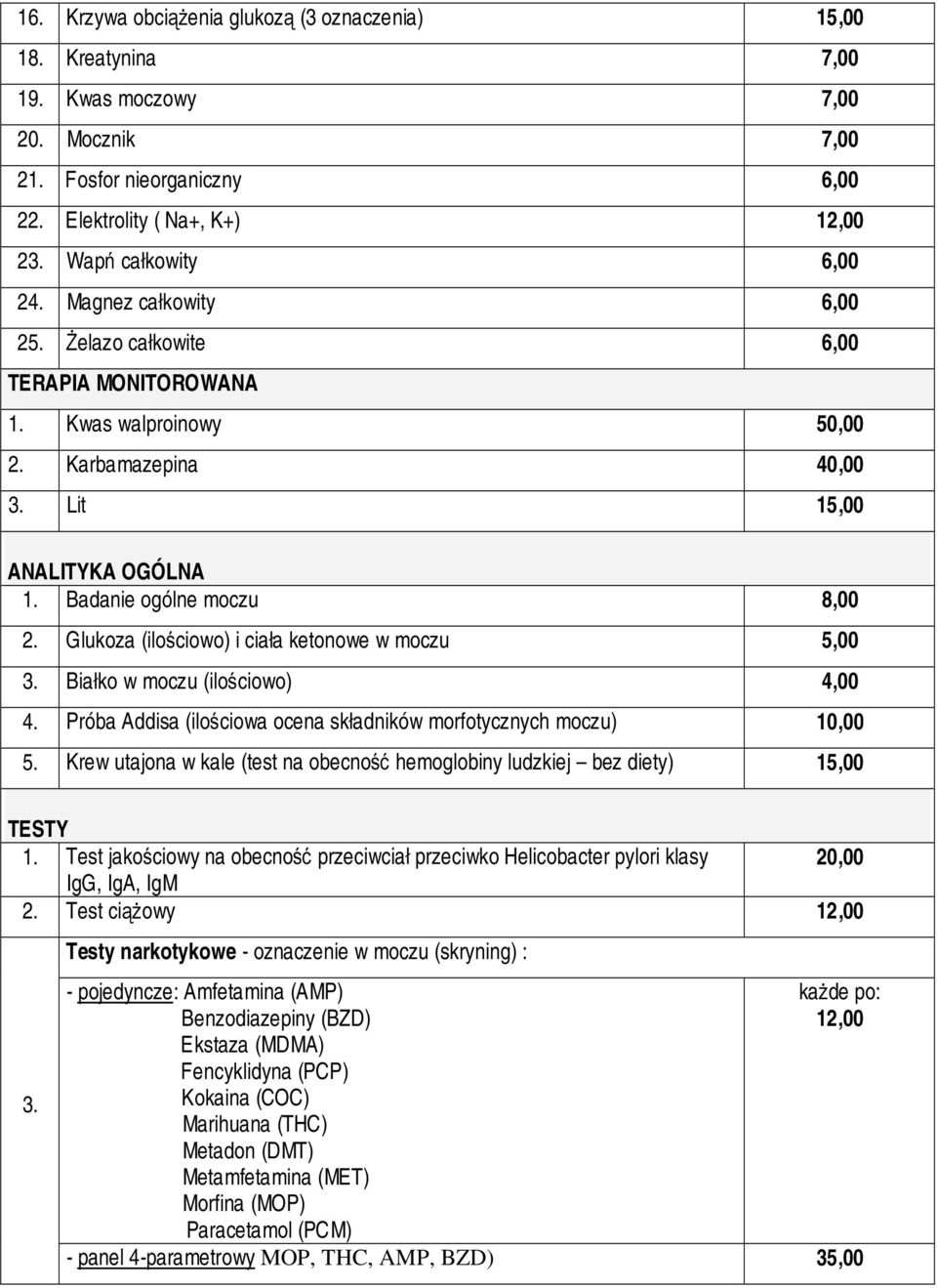 Glukoza (ilościowo) i ciała ketonowe w moczu 5,00 3. Białko w moczu (ilościowo) 4,00 4. Próba Addisa (ilościowa ocena składników morfotycznych moczu) 10,00 5.