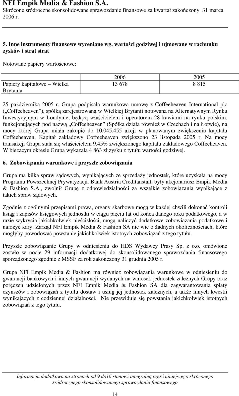 Grupa podpisała warunkową umowę z Coffeeheaven International plc ( Coffeeheaven ), spółką zarejestrowaną w Wielkiej Brytanii notowaną na Alternatywnym Rynku Inwestycyjnym w Londynie, będącą