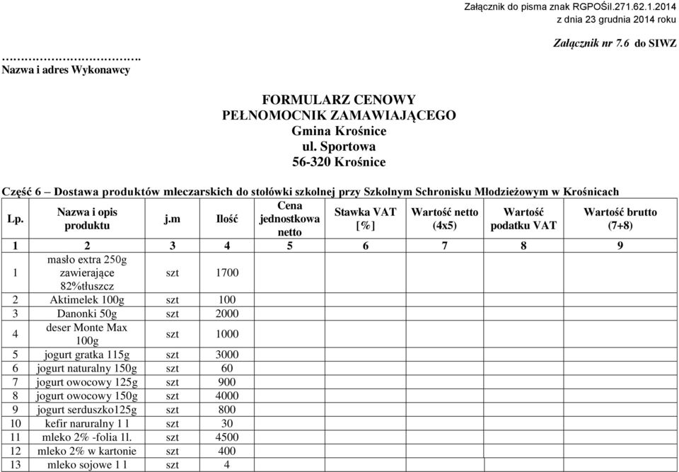 Cena Nazwa i opis Stawka VAT Wartość netto Wartość Wartość brutto j.