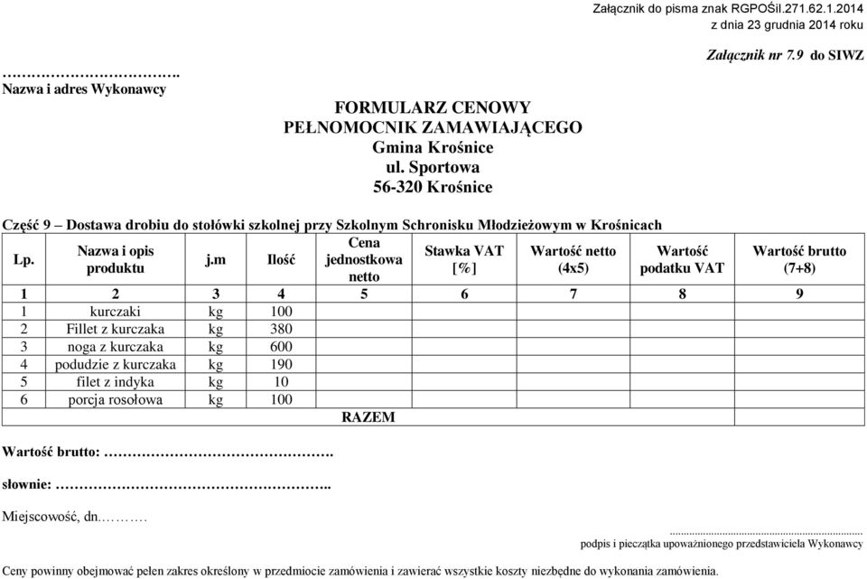 m Ilość jednostkowa produktu [%] (4x5) netto Wartość podatku VAT Wartość brutto (7+8) 1 2 3 4 5 6 7 8 9 1 kurczaki kg 100 2 Fillet z kurczaka kg 380 3 noga z kurczaka kg 600 4 podudzie z kurczaka kg