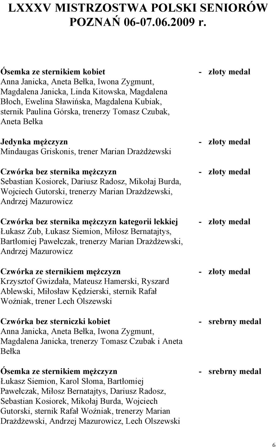 trenerzy Tomasz Czubak, Aneta Bełka Jedynka mężczyzn - złoty medal Mindaugas Griskonis, trener Marian Drażdżewski Czwórka bez sternika mężczyzn - złoty medal Sebastian Kosiorek, Dariusz Radosz,