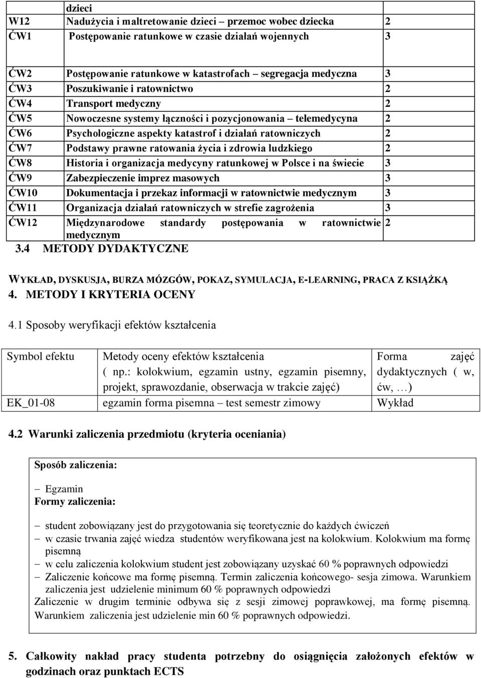 prawne ratowania życia i zdrowia ludzkiego 2 ĆW8 Historia i organizacja medycyny ratunkowej w Polsce i na świecie 3 ĆW9 Zabezpieczenie imprez masowych 3 ĆW10 Dokumentacja i przekaz informacji w