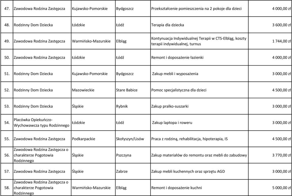 Zawodowa Łódzkie Łódź Remont i doposażenie łazienki 4 000,00 zł 51. Rodzinny Dom Dziecka Kujawsko-Pomorskie Bydgoszcz Zakup mebli i wyposażenia 3 000,00 zł 52.