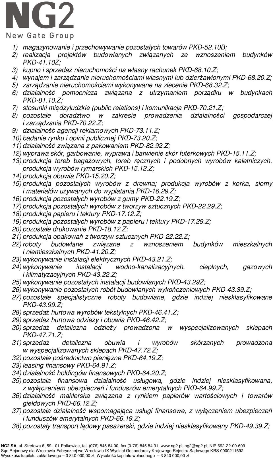 Z; 5) zarządzanie nieruchomościami wykonywane na zlecenie PKD-68.32.Z; 6) działalność pomocnicza związana z utrzymaniem porządku w budynkach PKD-81.10.