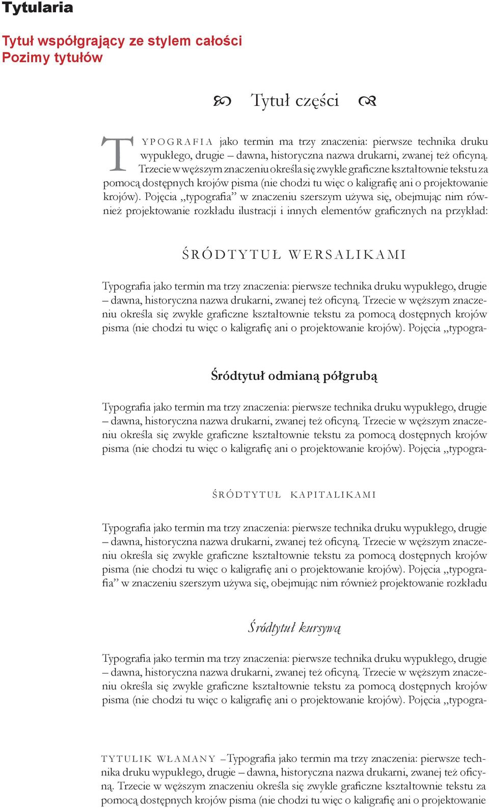 Pojęcia typografia w znaczeniu szerszym używa się, obejmując nim również projektowanie rozkładu ilustracji i innych elementów graficznych na przykład: ŚRÓDTYTUŁ WERSALIKAMI wypukłego, drugie dawna,