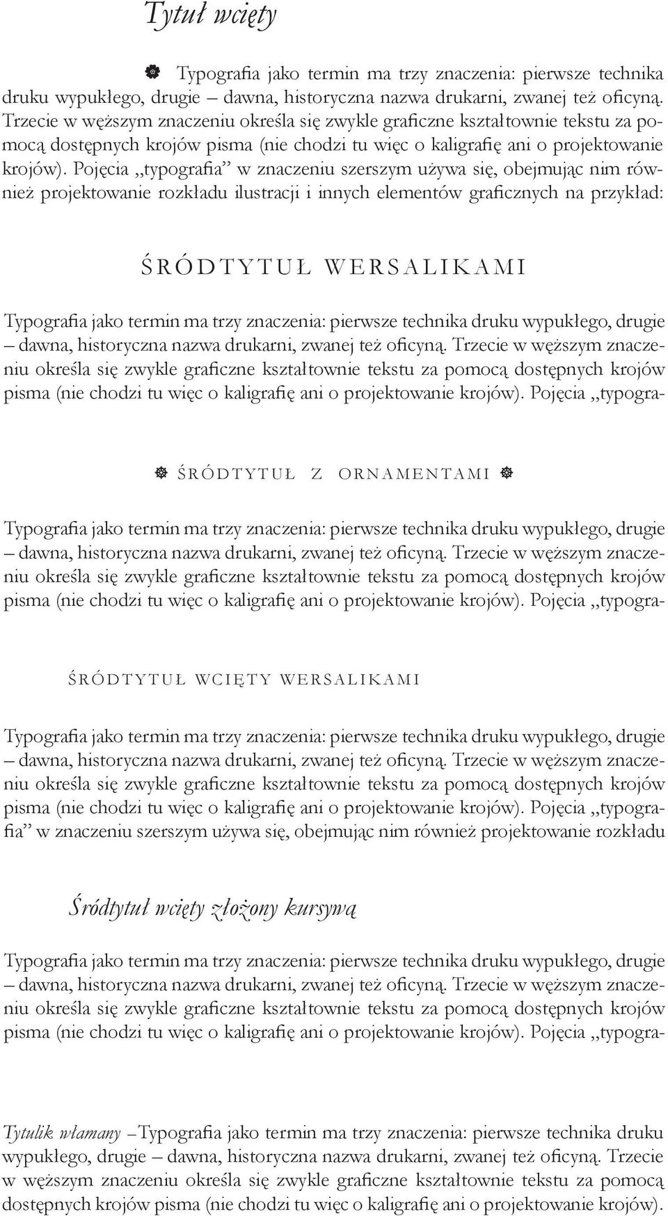 Pojęcia typografia w znaczeniu szerszym używa się, obejmując nim również projektowanie rozkładu ilustracji i innych elementów graficznych na przykład: ŚRÓDTYTUŁ WERSALIKAMI wypukłego, drugie dawna,