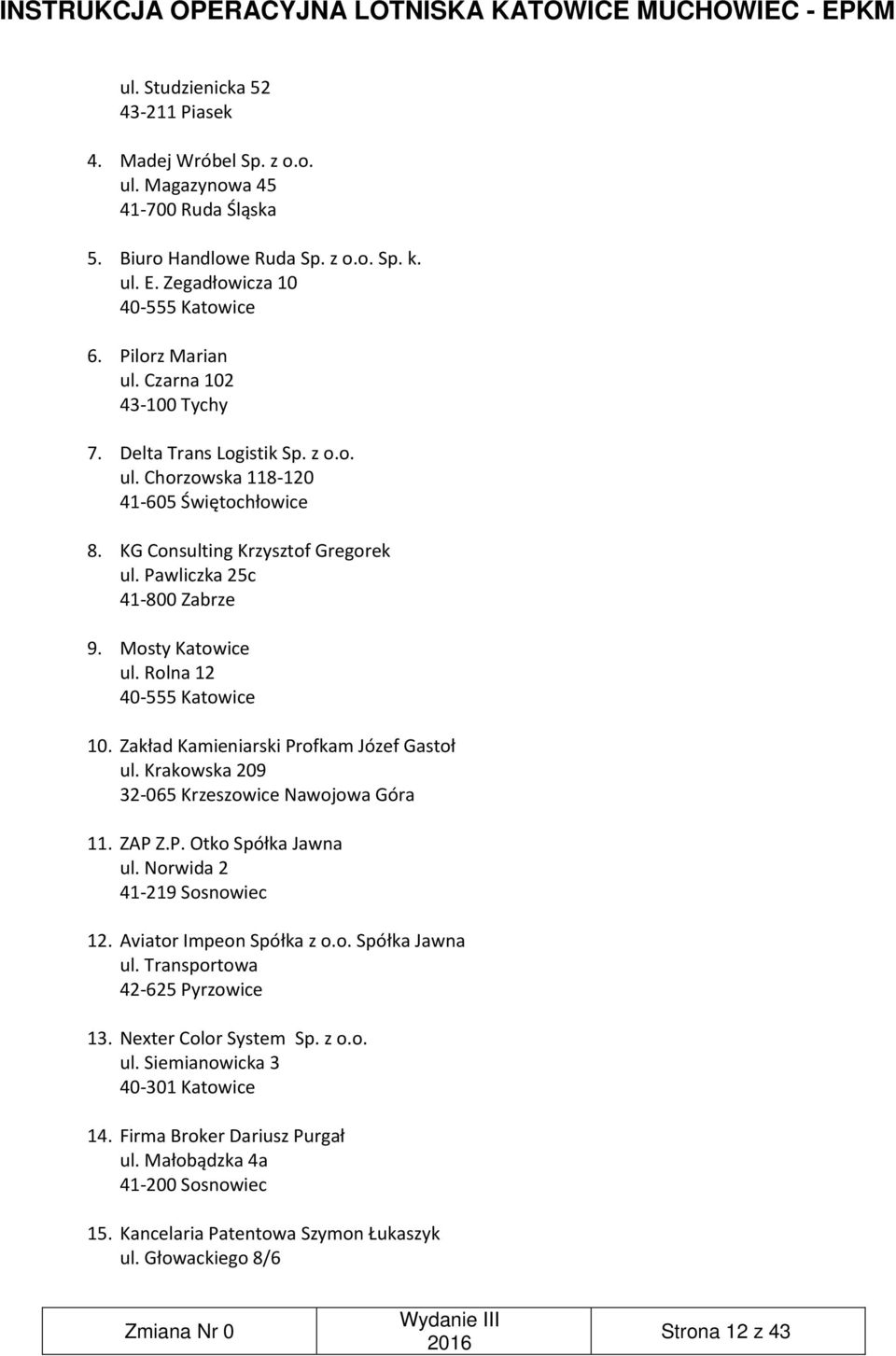 Rolna 12 40-555 Katowice 10. Zakład Kamieniarski Profkam Józef Gastoł ul. Krakowska 209 32-065 Krzeszowice Nawojowa Góra 11. ZAP Z.P. Otko Spółka Jawna ul. Norwida 2 41-219 Sosnowiec 12.