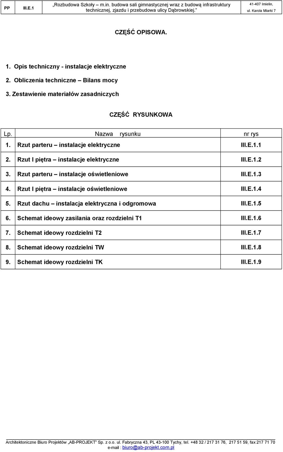 Rzut I piętra instalacje elektryczne.2 3. Rzut parteru instalacje oświetleniowe.3 4. Rzut I piętra instalacje oświetleniowe.4 5.