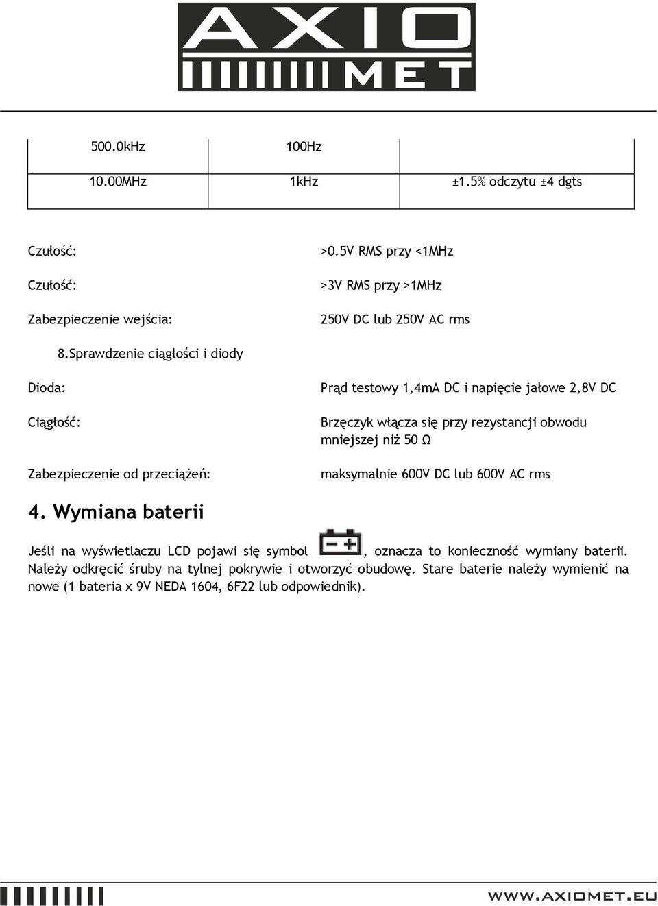 rezystancji obwodu mniejszej niż 50 Ω maksymalnie 600V DC lub 600V AC rms 4.